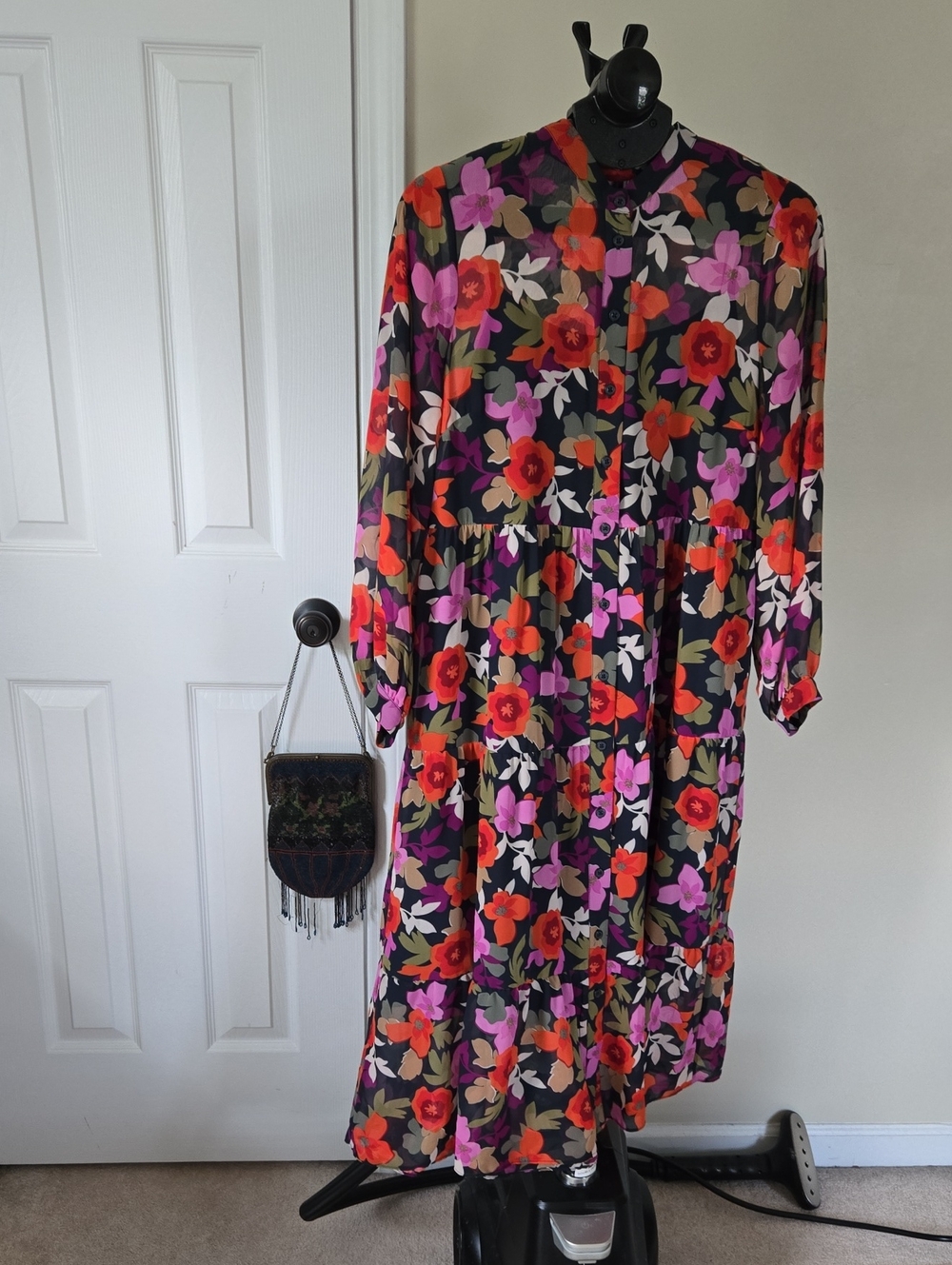 Maggy London Navy Long-Sleeve Tiered Dress with Red & Pink Floral Print